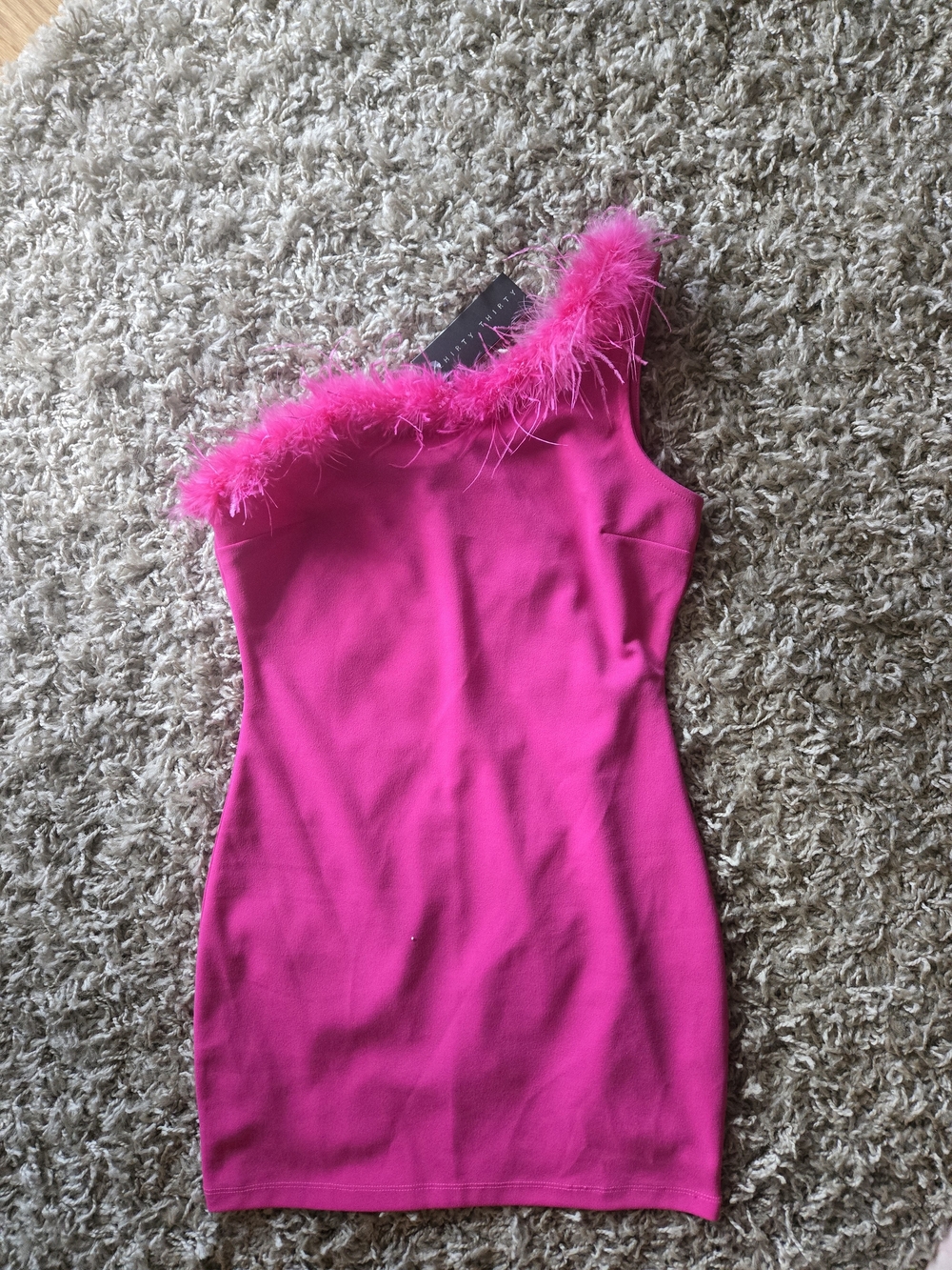 One-Shoulder Hot Pink Feather Trim Mini Dress